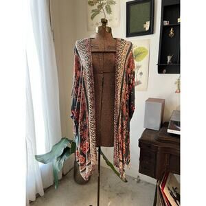 Gypsy Love Floral Kimono Wrap Teal Rust Boho Open Front Layer One Size
